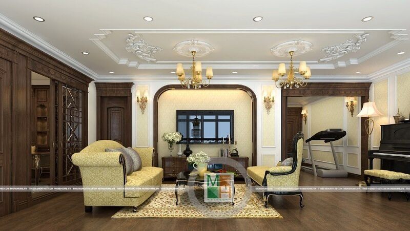 Thiết kế nội thất phòng khách chung cư Mandarin  cao cấp với phong cách tân cổ điển cùng đồ nội thất gỗ tự nhiên cao cấp.