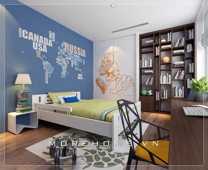 Thiết kế phòng ngủ cho bé hiện đại với mẫu giấy dán tường màu xanh có họa tiết bản đồ tạo nên nét ấn tượng, khoa học và linh hoạt cho trí tưởng tượng cho phòng ngủ của bé trai