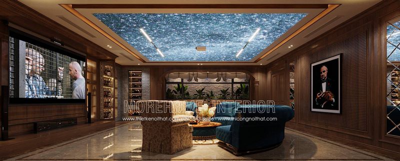 Sofa cổ điển đẹp là một lựa chọn tuyệt vời để trang trí tầng hầm của biệt thự.